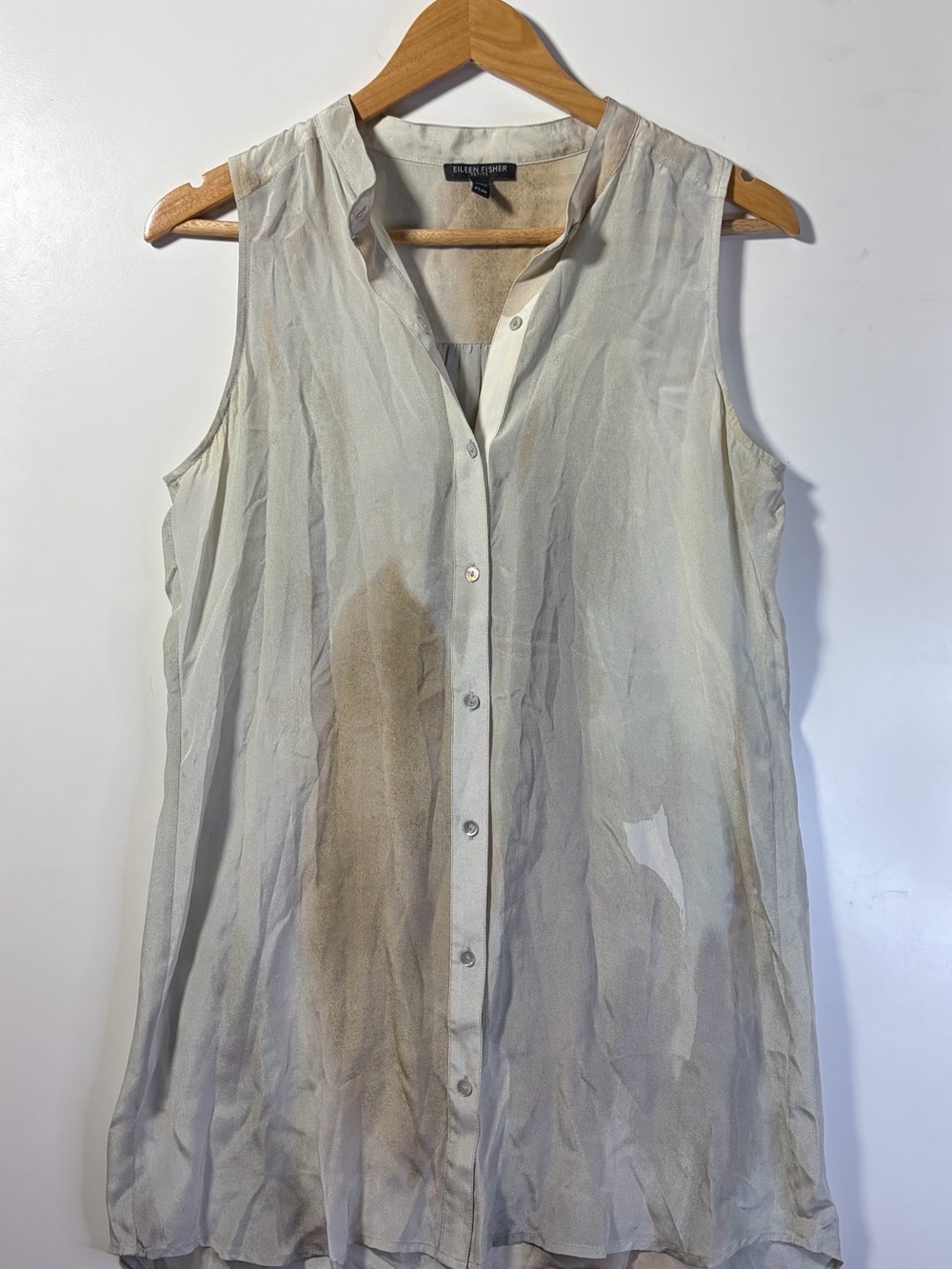 Eileen Fisher Petite 100% Silk Sleeveless Button-Front Tunic Gray Brown Size PS